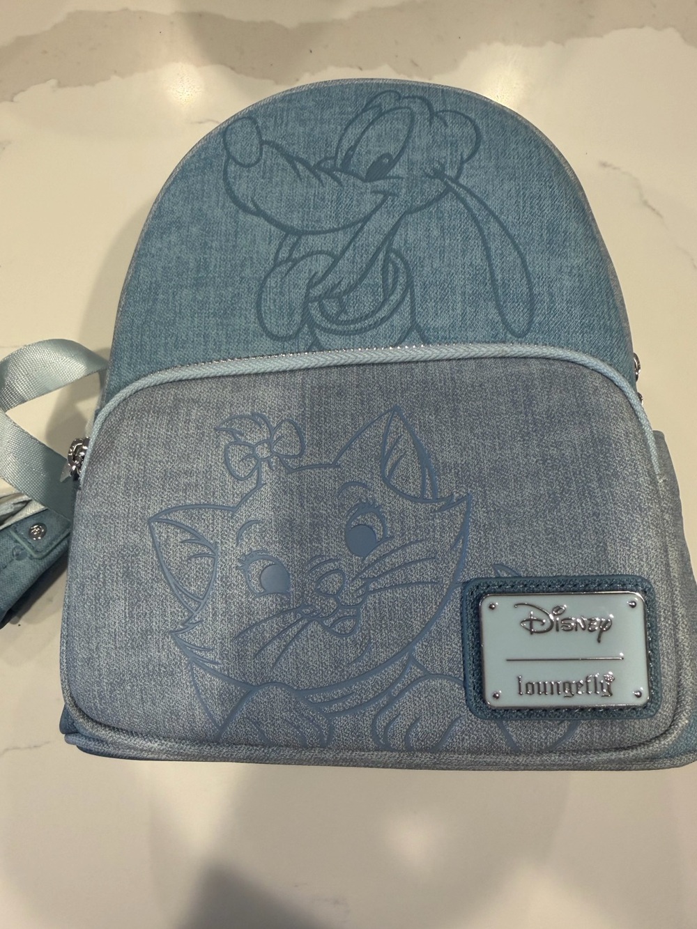 Loungefly Disney Light Blue Denim Mini Backpack with Cat & Pluto Sketches